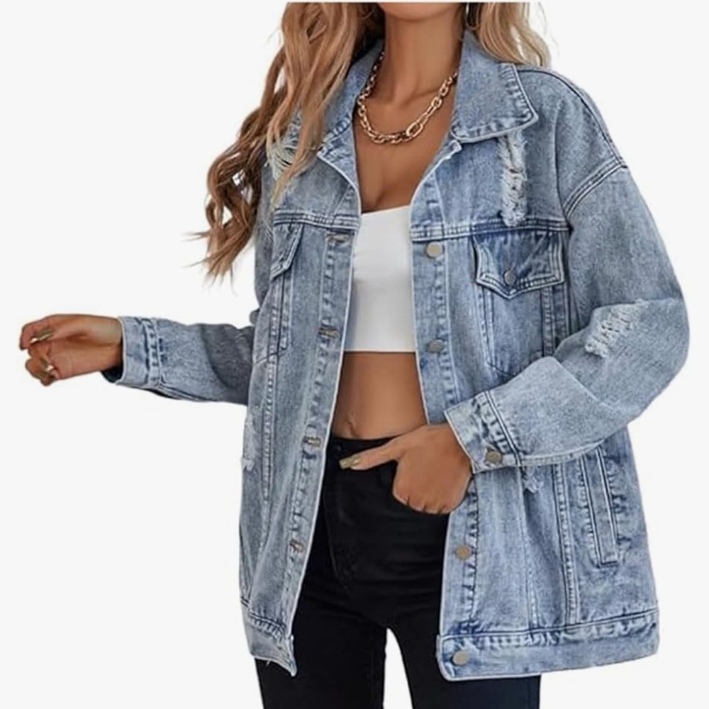Women's Oversized Denim Boyfriend Distressed Jean Jacket